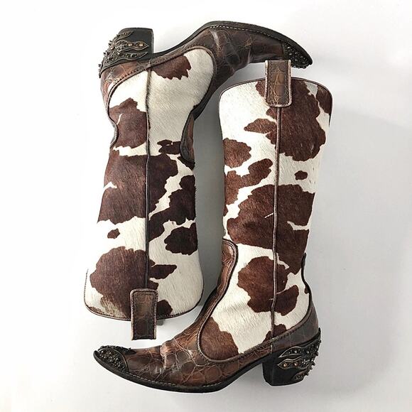 Giuseppe Zanotti Crystals Cow Print Pull On Western Cowgirl Heeled Boots 7 - Picture 3 of 9
